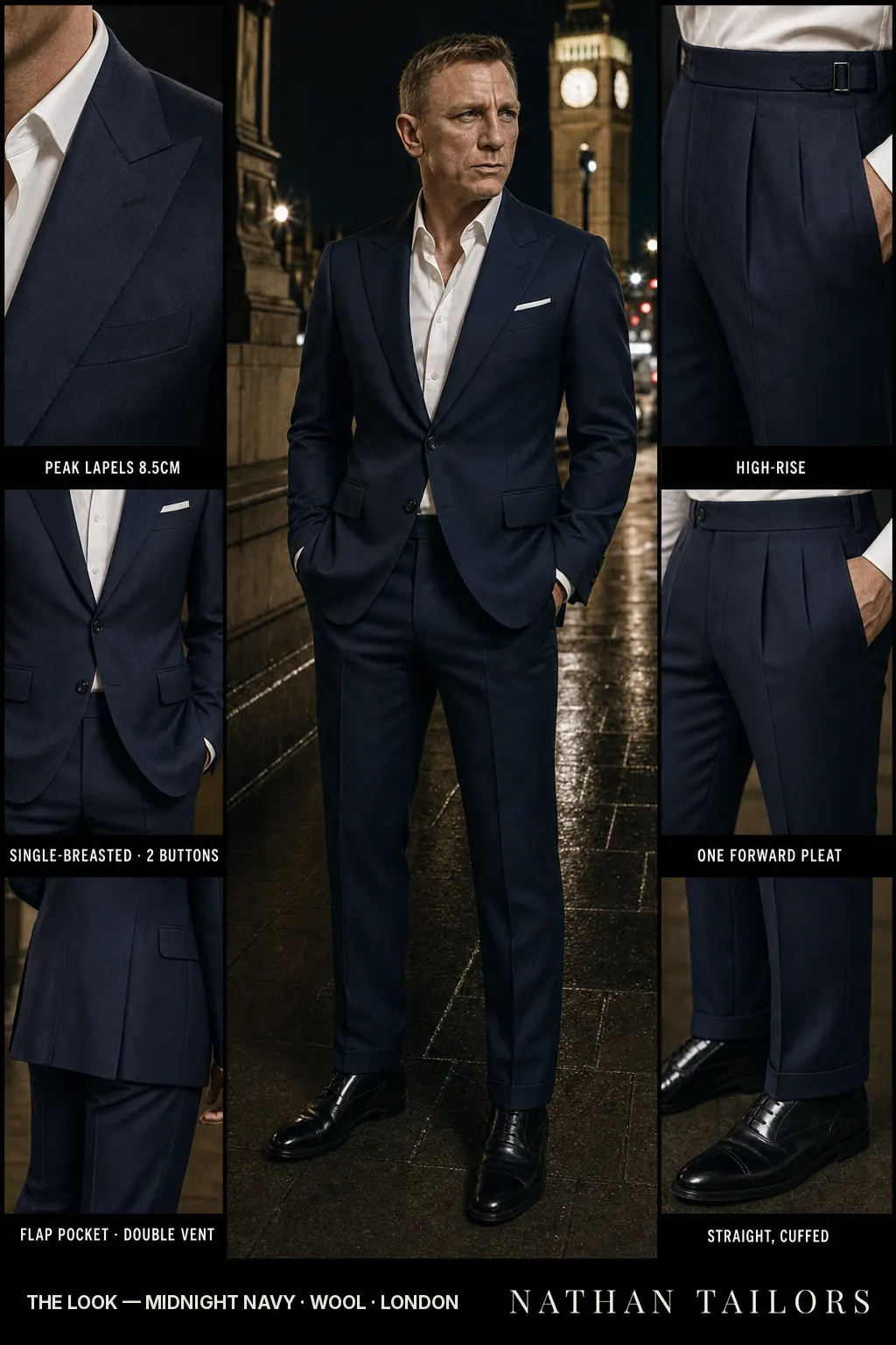 midnight navy single-breasted peak-lapel bespoke suit — AI-rendered by Nathan Tailors, the Hoi An custom tailor. Available as a custom tailored suit from $149.