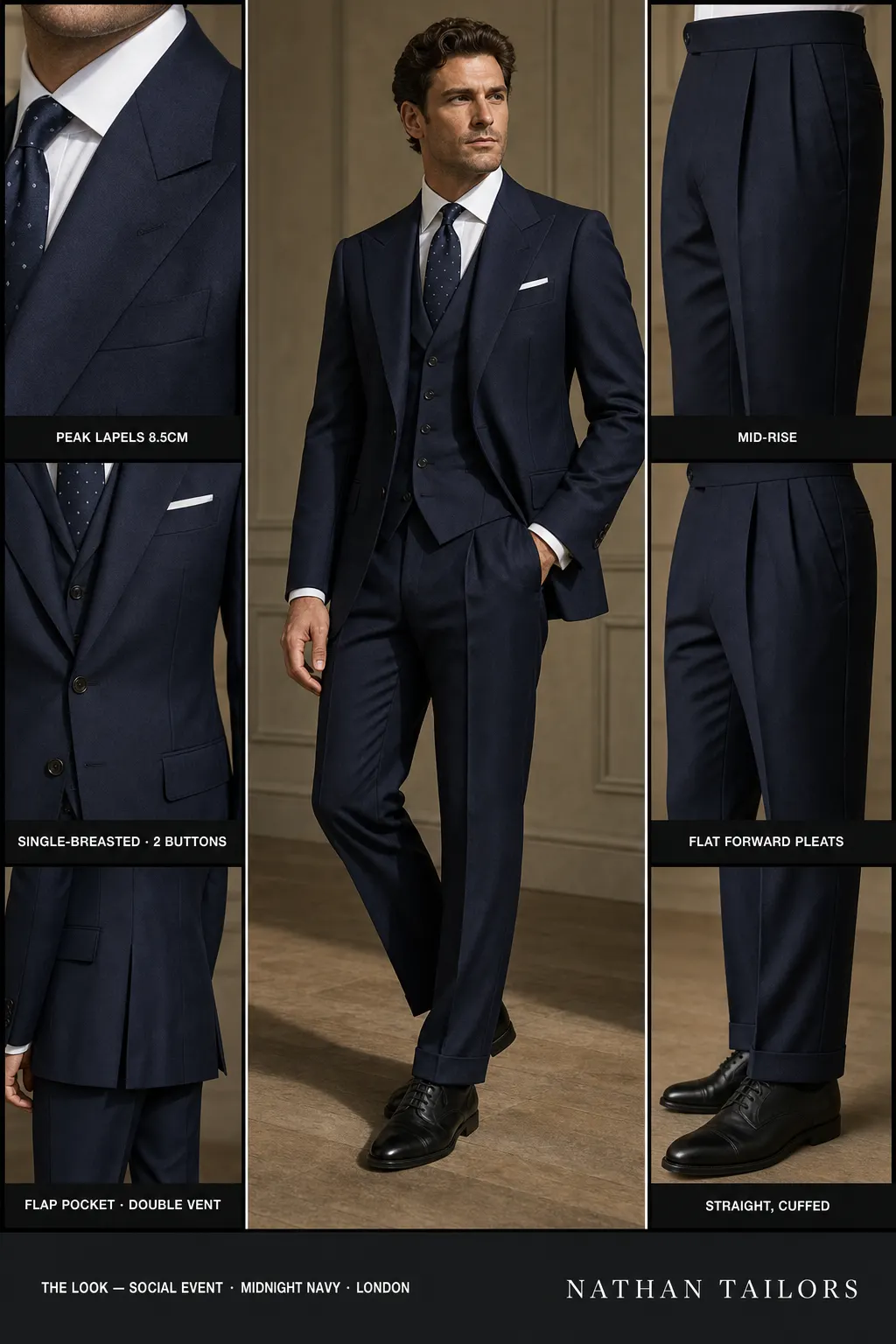 midnight navy single-breasted peak-lapel bespoke suit — AI-rendered by Nathan Tailors, the Hoi An custom tailor. Available as a custom tailored suit from $149.