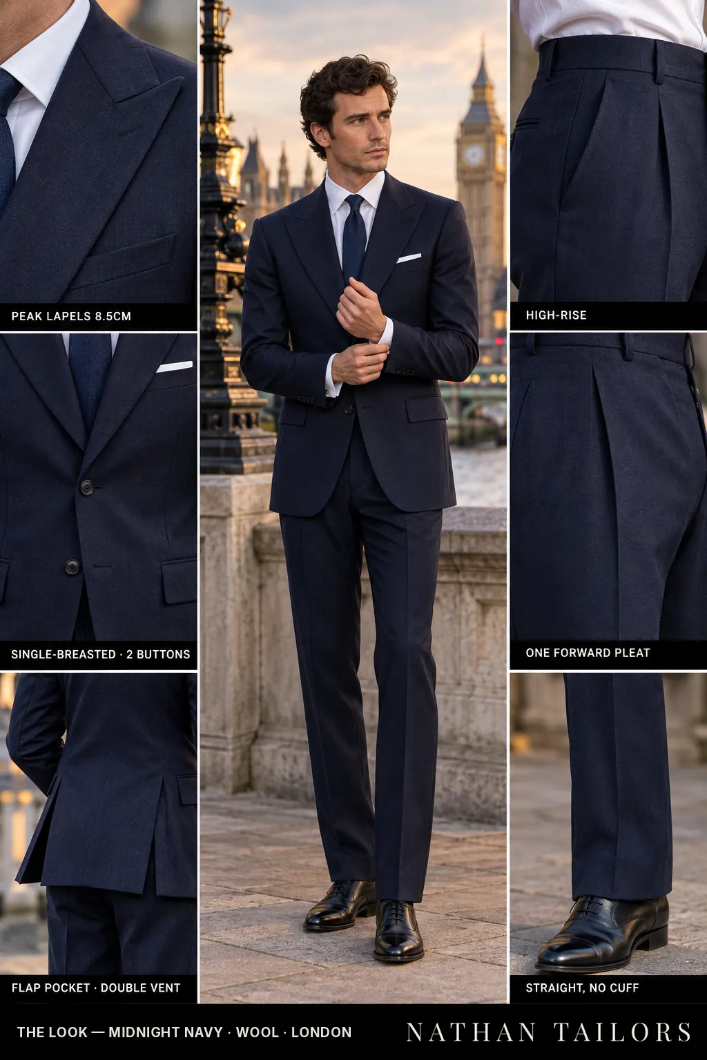 midnight navy single-breasted peak-lapel bespoke suit — AI-rendered by Nathan Tailors, the Hoi An custom tailor. Available as a custom tailored suit from $149.
