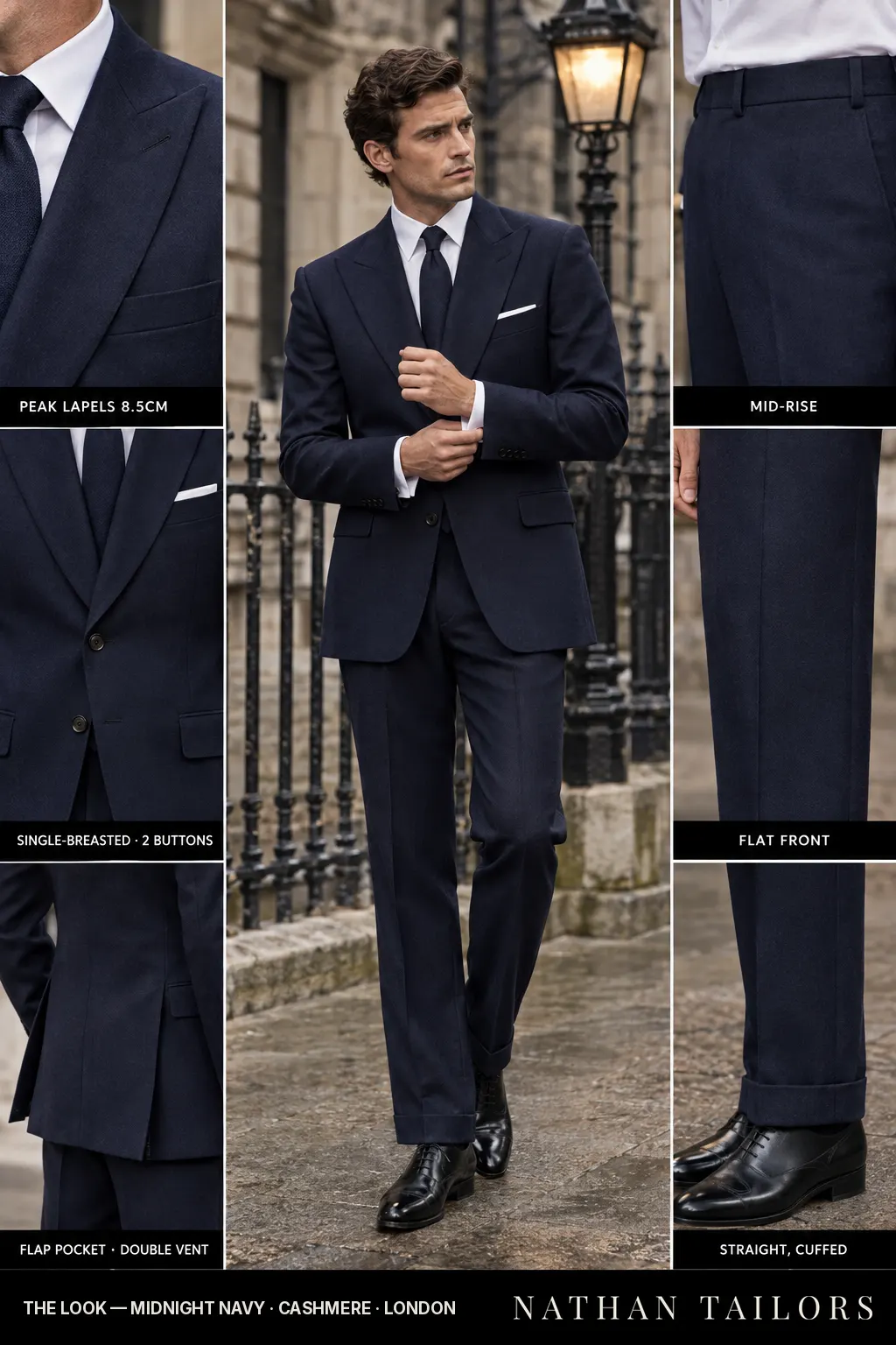 midnight navy single-breasted peak-lapel bespoke suit โ AI-rendered by Nathan Tailors, the Hoi An custom tailor. Available as a custom tailored suit from $149.