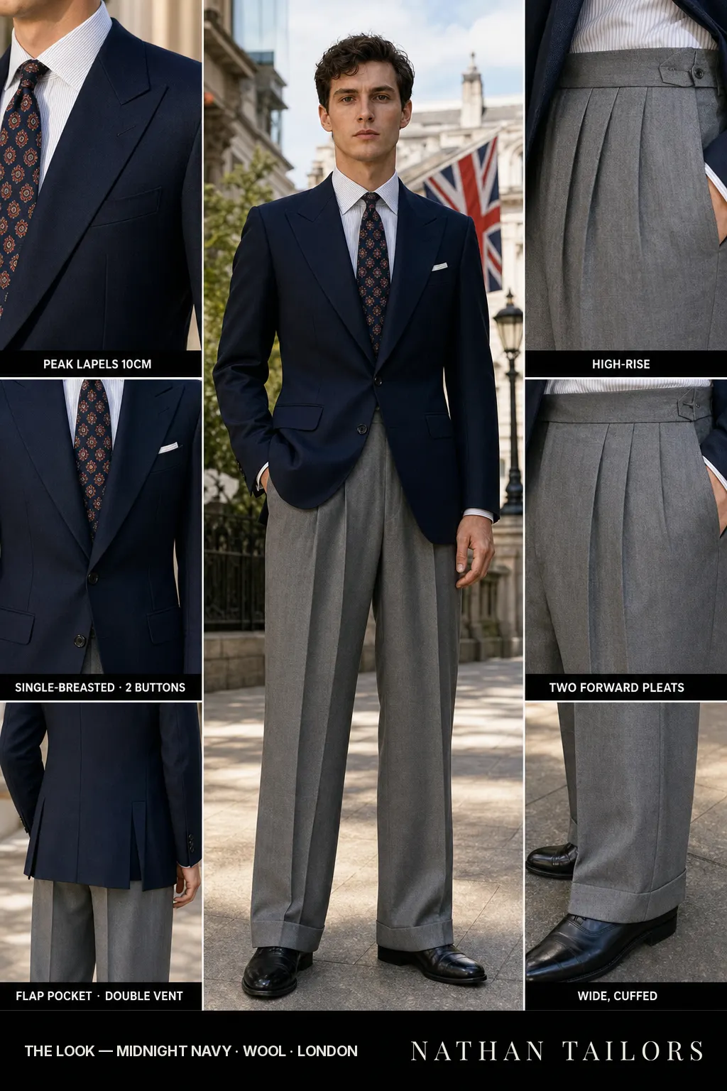midnight navy single-breasted peak-lapel bespoke suit — AI-rendered by Nathan Tailors, the Hoi An custom tailor. Available as a custom tailored suit from $149.