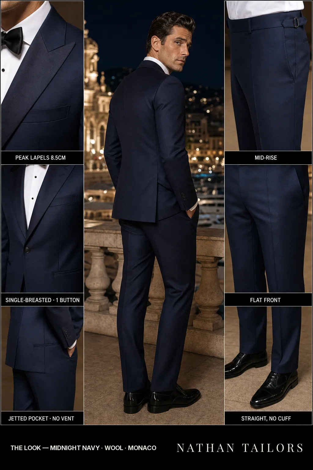 midnight navy single-breasted peak-lapel bespoke suit — AI-rendered by Nathan Tailors, the Hoi An custom tailor. Available as a custom tailored suit from $149.