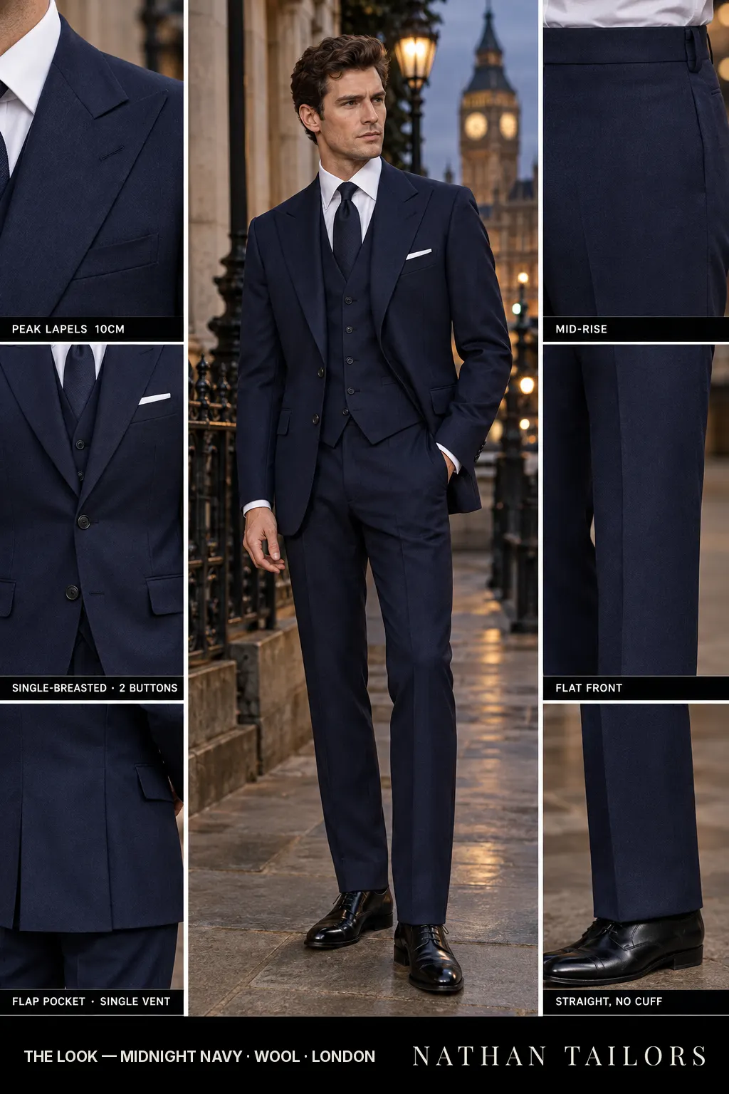midnight navy single-breasted peak-lapel bespoke suit — AI-rendered by Nathan Tailors, the Hoi An custom tailor. Available as a custom tailored suit from $149.