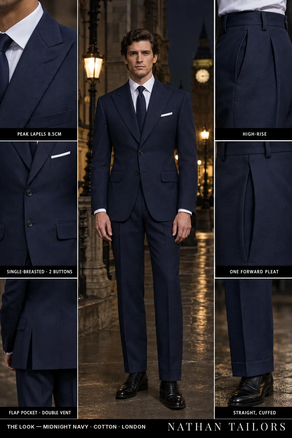 midnight navy single-breasted bespoke suit โ custom tailored by Nathan Tailors, the Hoi An custom tailor