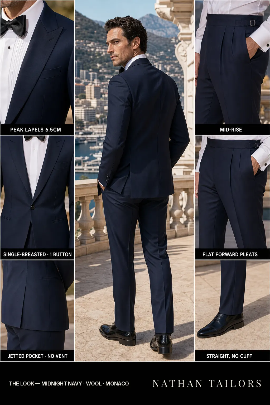 midnight navy single-breasted peak-lapel bespoke suit — AI-rendered by Nathan Tailors, the Hoi An custom tailor. Available as a custom tailored suit from $149.