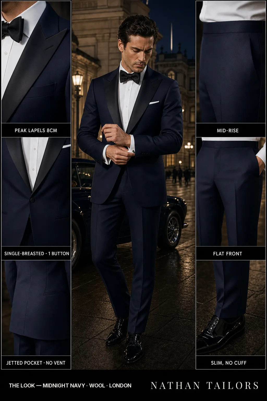 midnight navy single-breasted peak-lapel bespoke suit โ AI-rendered by Nathan Tailors, the Hoi An custom tailor. Available as a custom tailored suit from $149.
