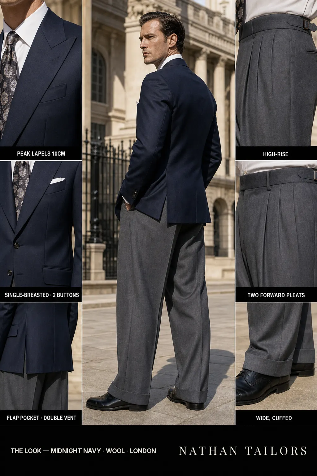 midnight navy single-breasted peak-lapel bespoke suit โ AI-rendered by Nathan Tailors, the Hoi An custom tailor. Available as a custom tailored suit from $149.