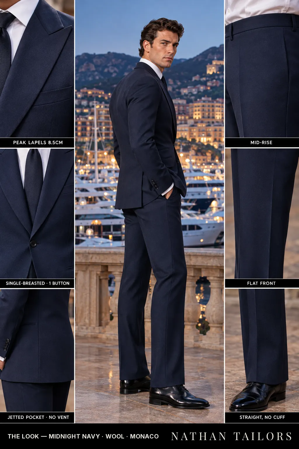 midnight navy single-breasted bespoke suit โ custom tailored by Nathan Tailors, the Hoi An custom tailor