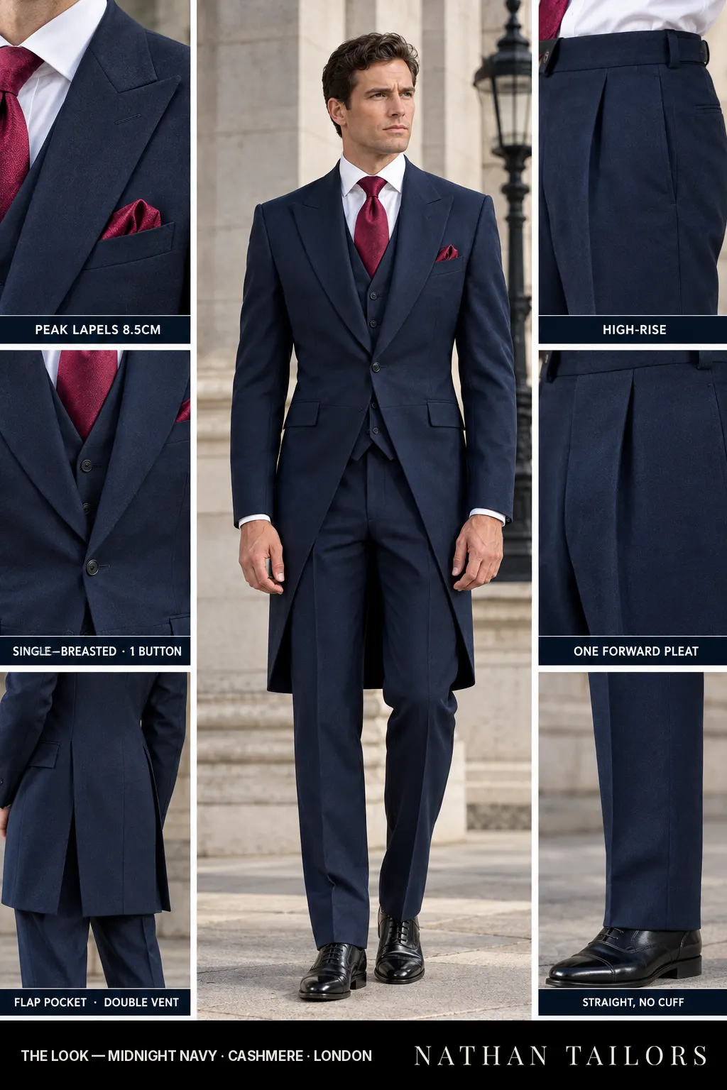 midnight navy single-breasted peak-lapel bespoke suit — AI-rendered by Nathan Tailors, the Hoi An custom tailor. Available as a custom tailored suit from $169.