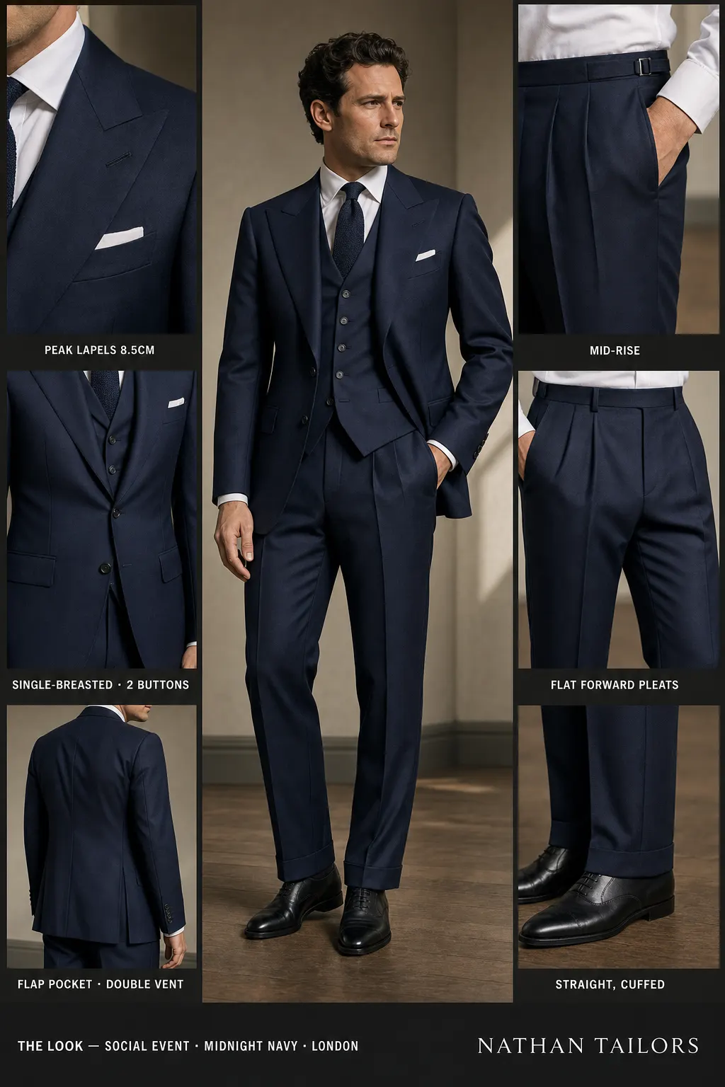 midnight navy single-breasted peak-lapel bespoke suit — AI-rendered by Nathan Tailors, the Hoi An custom tailor. Available as a custom tailored suit from $149.