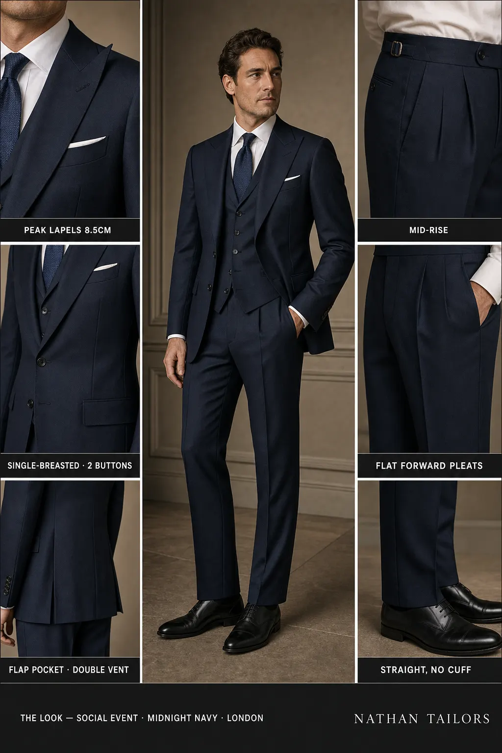 midnight navy single-breasted peak-lapel bespoke suit — AI-rendered by Nathan Tailors, the Hoi An custom tailor. Available as a custom tailored suit from $149.