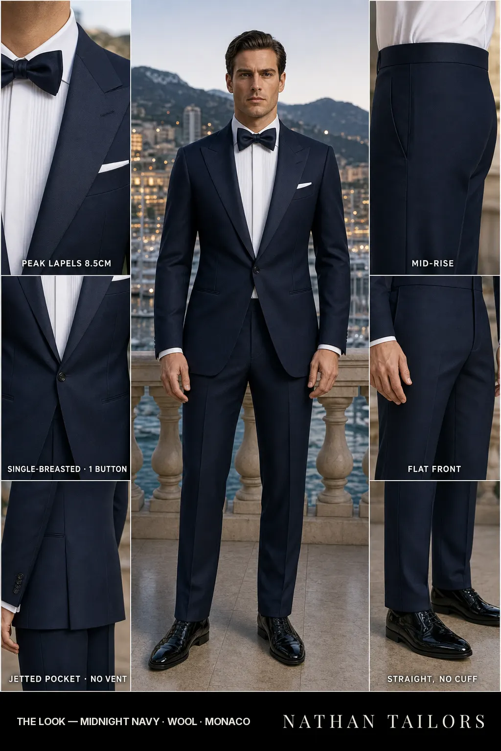 midnight navy single-breasted peak-lapel bespoke suit โ AI-rendered by Nathan Tailors, the Hoi An custom tailor. Available as a custom tailored suit from $149.