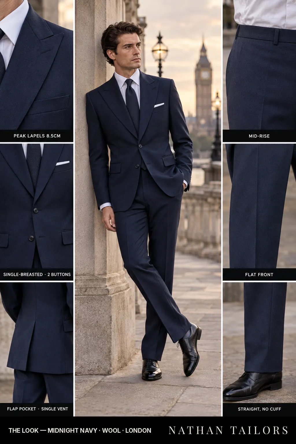 midnight navy single-breasted peak-lapel bespoke suit โ AI-rendered by Nathan Tailors, the Hoi An custom tailor. Available as a custom tailored suit from $149.