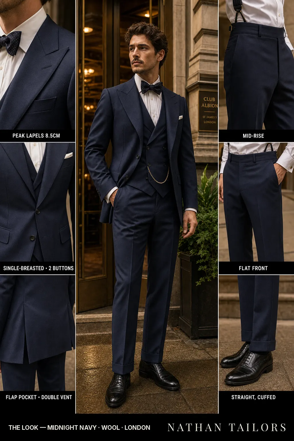 midnight navy single-breasted peak-lapel bespoke suit — AI-rendered by Nathan Tailors, the Hoi An custom tailor. Available as a custom tailored suit from $169.