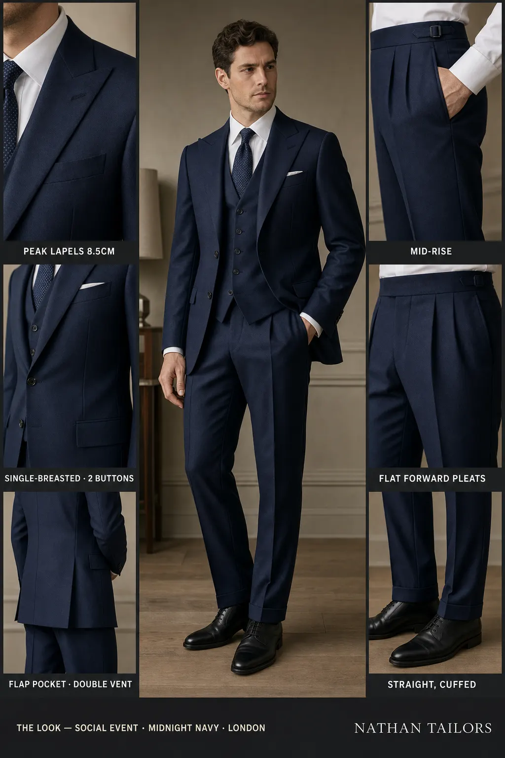 midnight navy single-breasted peak-lapel bespoke suit โ AI-rendered by Nathan Tailors, the Hoi An custom tailor. Available as a custom tailored suit from $149.