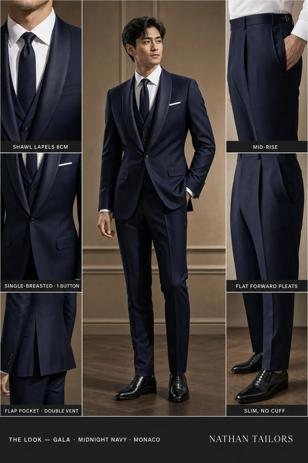 midnight navy single-breasted shawl-lapel bespoke suit โ AI-rendered by Nathan Tailors, the Hoi An custom tailor. Available as a custom tailored suit from $149.