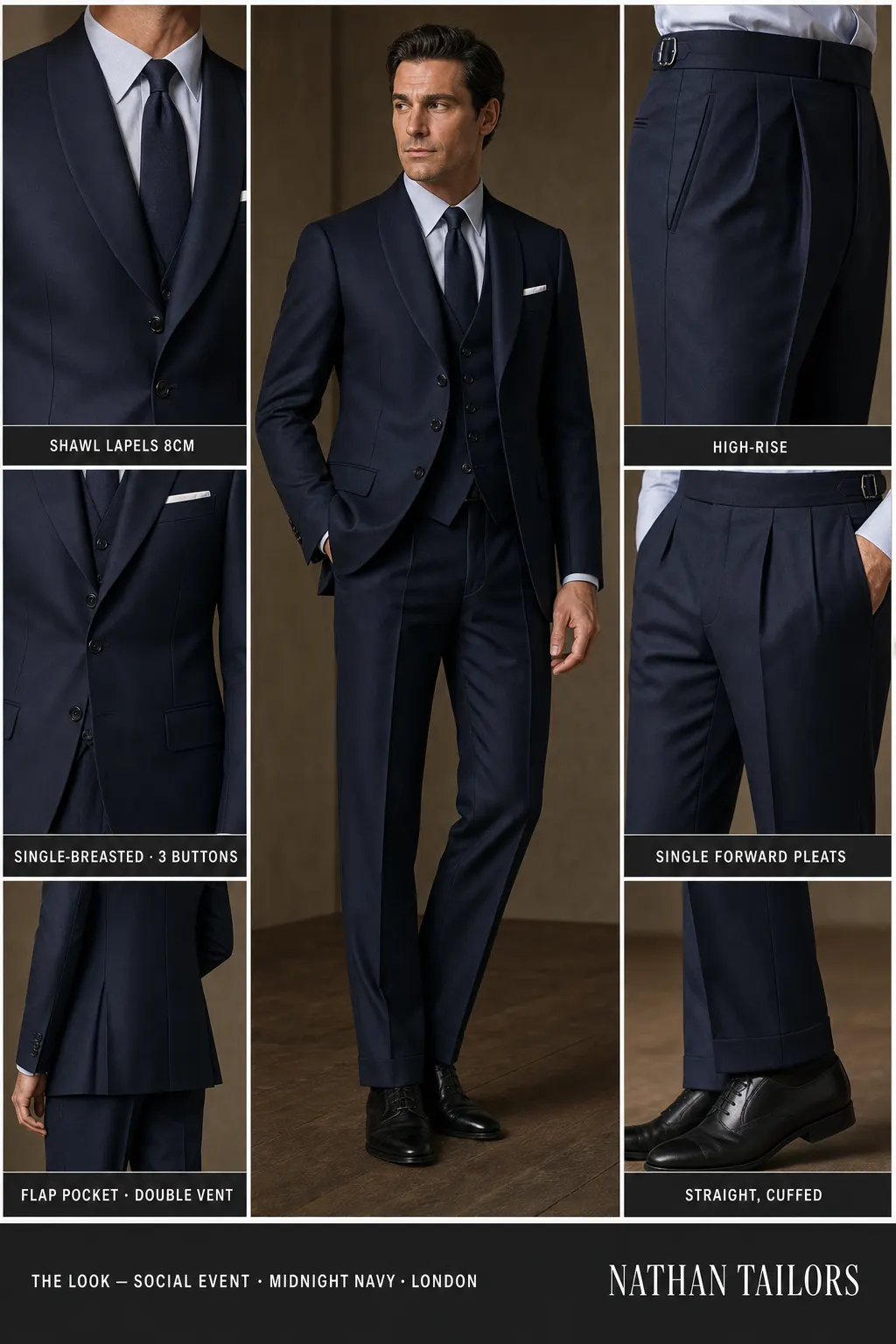 midnight navy single-breasted shawl-lapel bespoke suit โ AI-rendered by Nathan Tailors, the Hoi An custom tailor. Available as a custom tailored suit from $149.