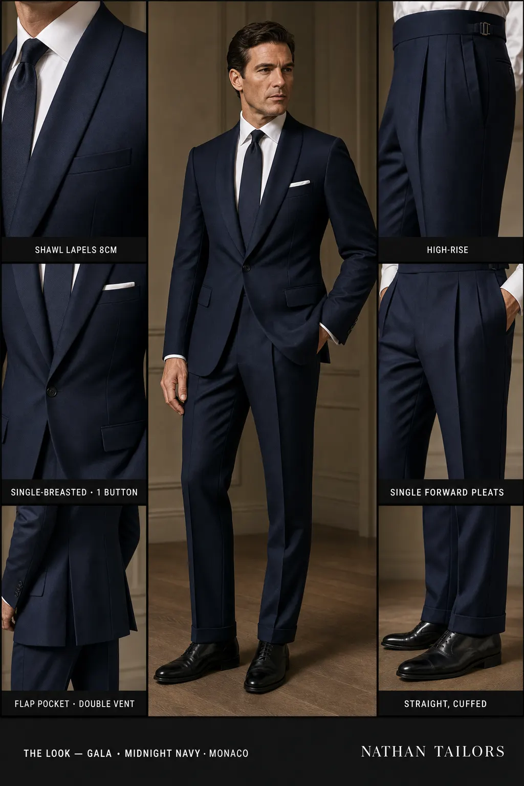 midnight navy single-breasted shawl-lapel bespoke suit โ AI-rendered by Nathan Tailors, the Hoi An custom tailor. Available as a custom tailored suit from $149.