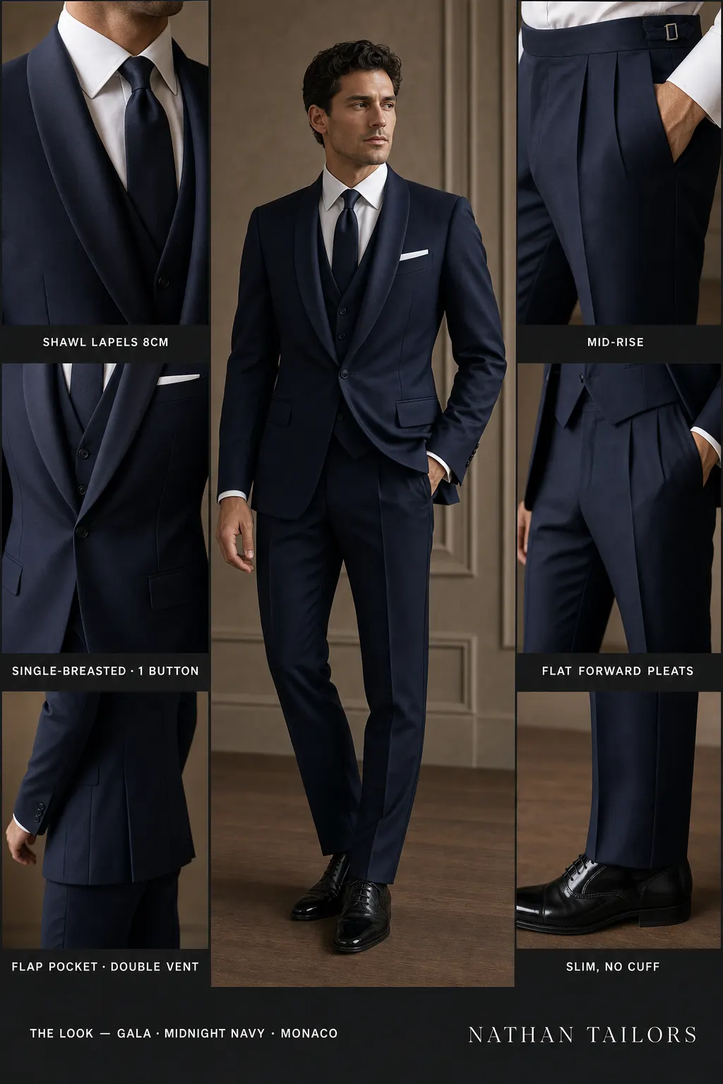 midnight navy single-breasted shawl-lapel bespoke suit — AI-rendered by Nathan Tailors, the Hoi An custom tailor. Available as a custom tailored suit from $149.