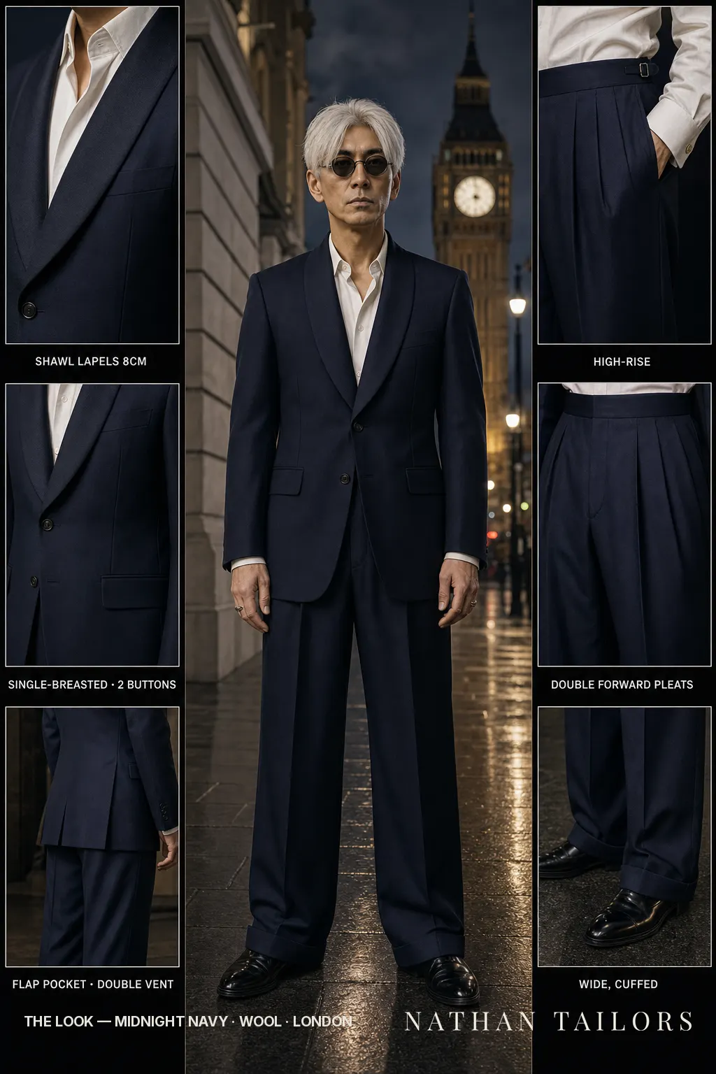 midnight navy single-breasted shawl-lapel bespoke suit โ AI-rendered by Nathan Tailors, the Hoi An custom tailor. Available as a custom tailored suit from $149.