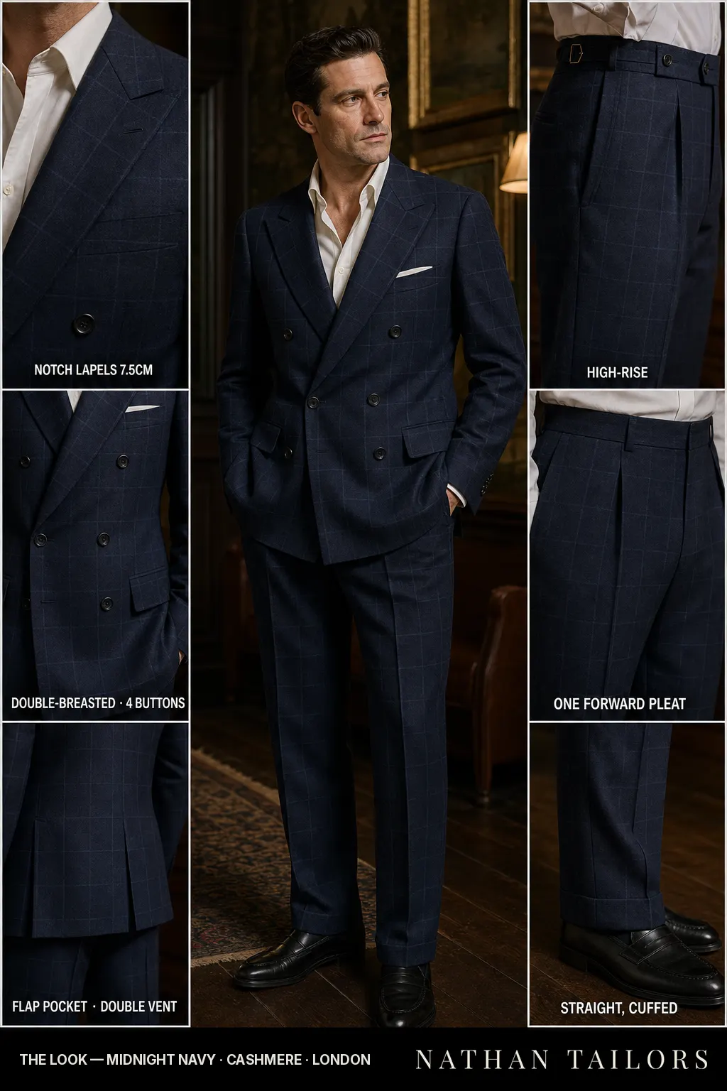 midnight navy windowpane double-breasted notch-lapel bespoke suit — AI-rendered by Nathan Tailors, the Hoi An custom tailor. Available as a custom tailored suit from $149.