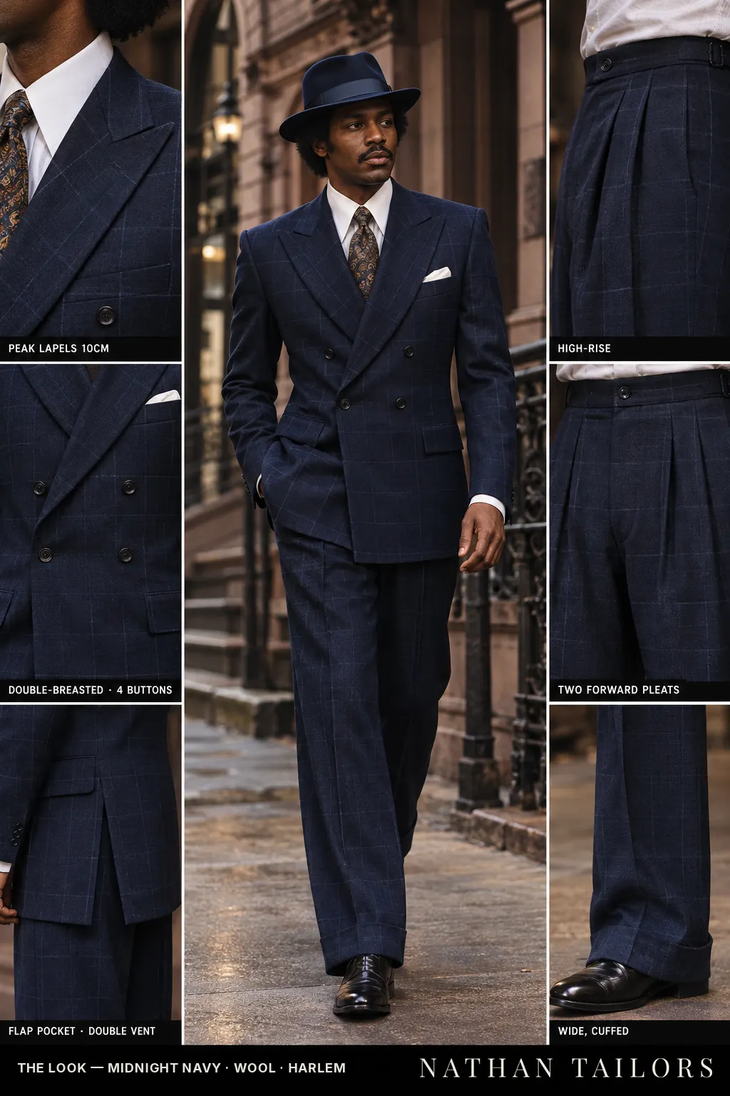 midnight navy windowpane double-breasted bespoke suit โ custom tailored by Nathan Tailors, the Hoi An custom tailor
