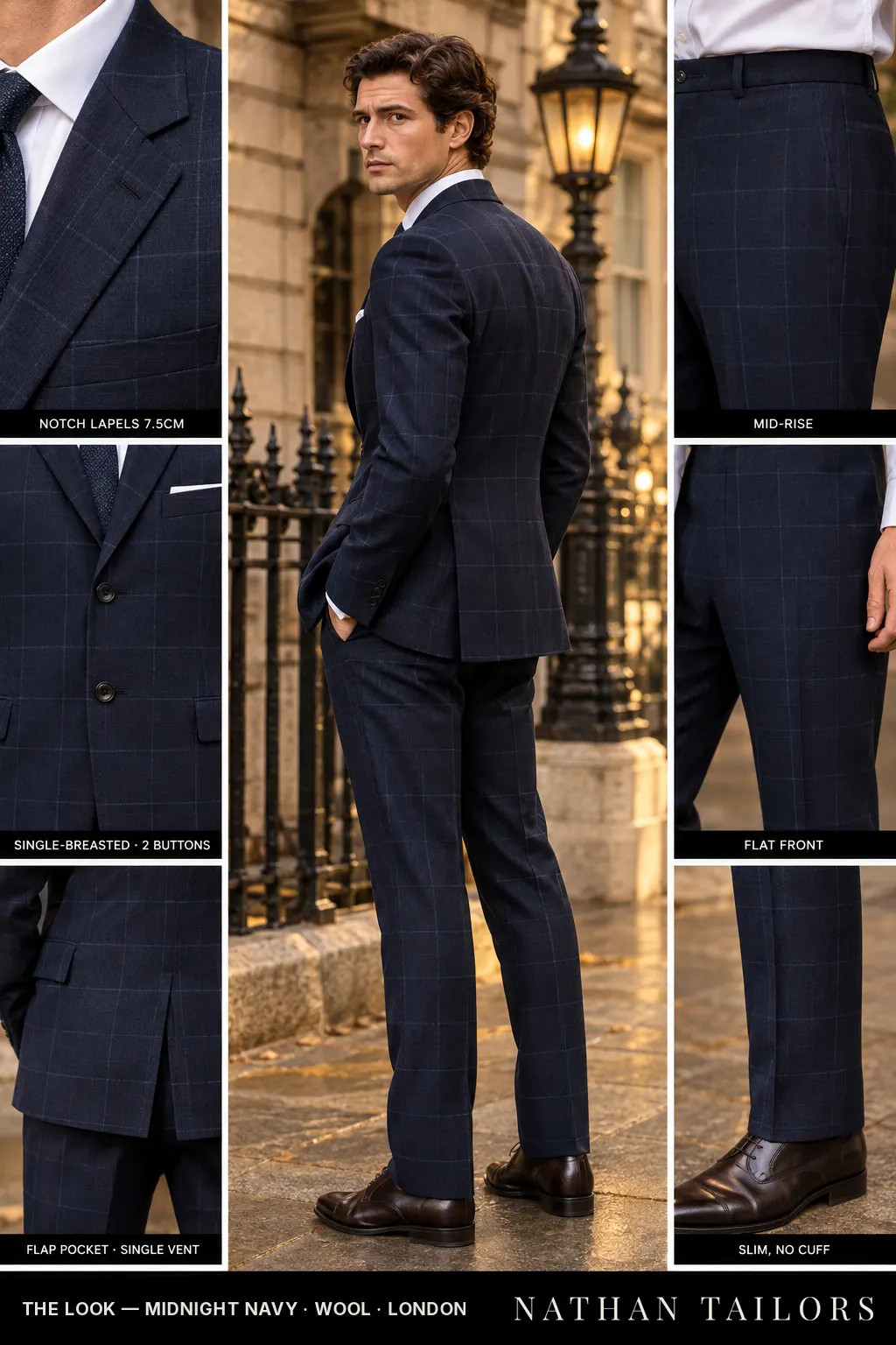 midnight navy windowpane single-breasted bespoke suit โ custom tailored by Nathan Tailors, the Hoi An custom tailor