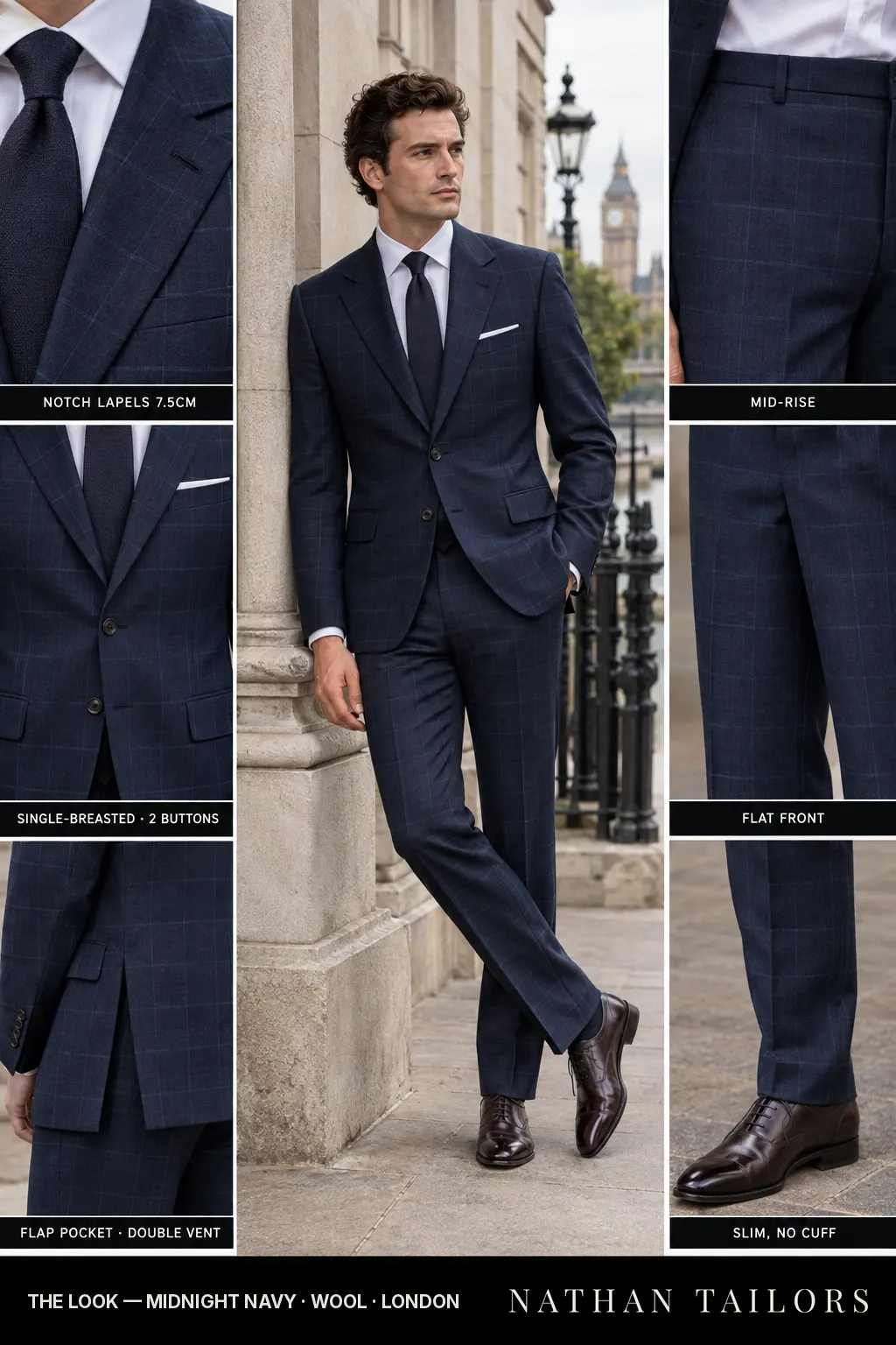 midnight navy windowpane single-breasted notch-lapel bespoke suit — AI-rendered by Nathan Tailors, the Hoi An custom tailor. Available as a custom tailored suit from $149.