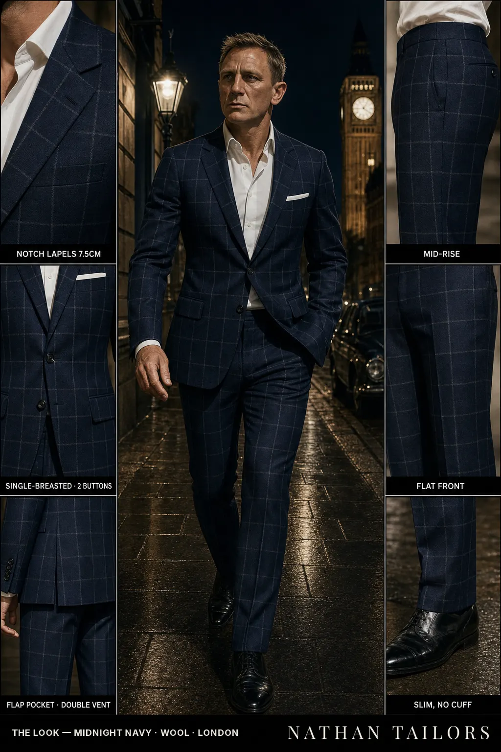 midnight navy windowpane single-breasted notch-lapel bespoke suit — AI-rendered by Nathan Tailors, the Hoi An custom tailor. Available as a custom tailored suit from $149.
