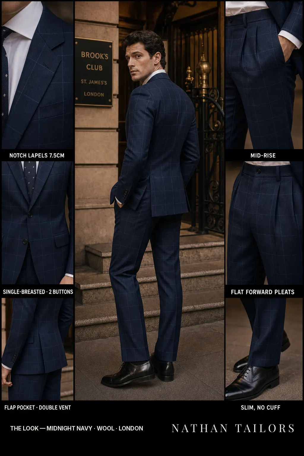 midnight navy windowpane single-breasted notch-lapel bespoke suit — AI-rendered by Nathan Tailors, the Hoi An custom tailor. Available as a custom tailored suit from $149.