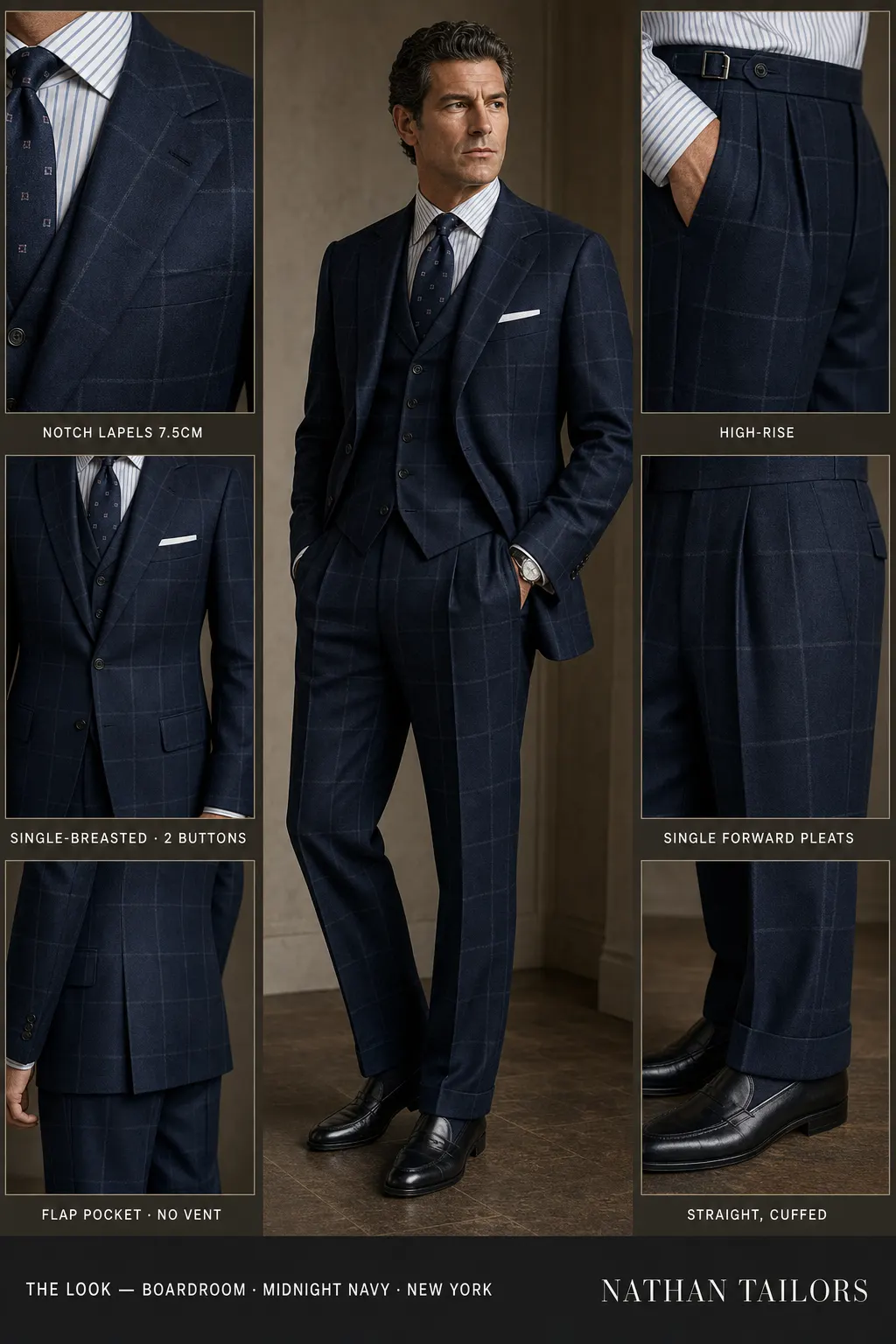 midnight navy windowpane single-breasted notch-lapel bespoke suit โ AI-rendered by Nathan Tailors, the Hoi An custom tailor. Available as a custom tailored suit from $149.