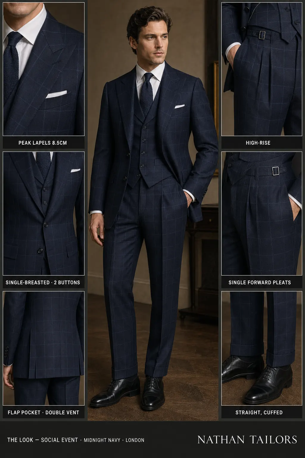midnight navy windowpane single-breasted peak-lapel bespoke suit — AI-rendered by Nathan Tailors, the Hoi An custom tailor. Available as a custom tailored suit from $149.