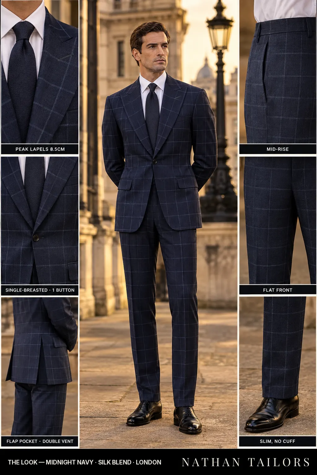 midnight navy windowpane single-breasted bespoke suit — custom tailored by Nathan Tailors, the Hoi An custom tailor