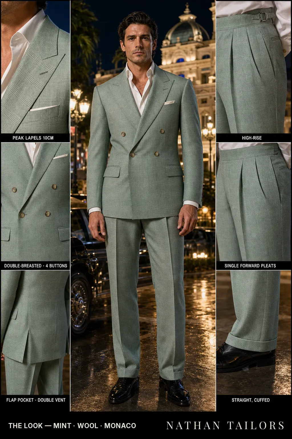 mint glen plaid double-breasted peak-lapel bespoke suit — AI-rendered by Nathan Tailors, the Hoi An custom tailor. Available as a custom tailored suit from $149.