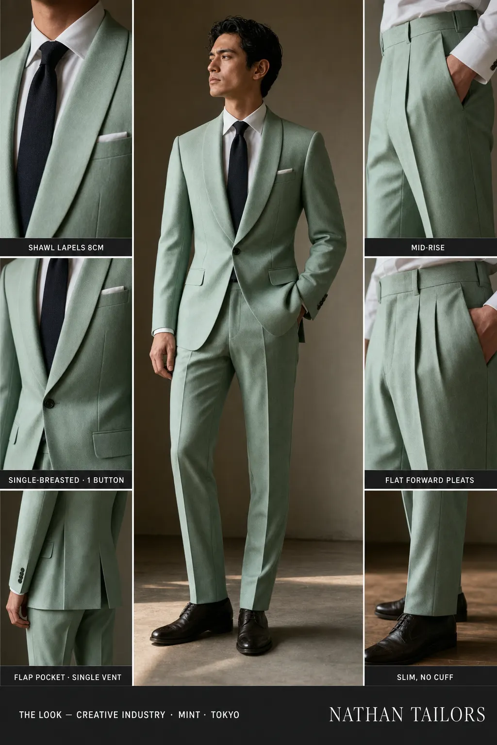 mint single-breasted shawl-lapel bespoke suit โ AI-rendered by Nathan Tailors, the Hoi An custom tailor. Available as a custom tailored suit from $149.
