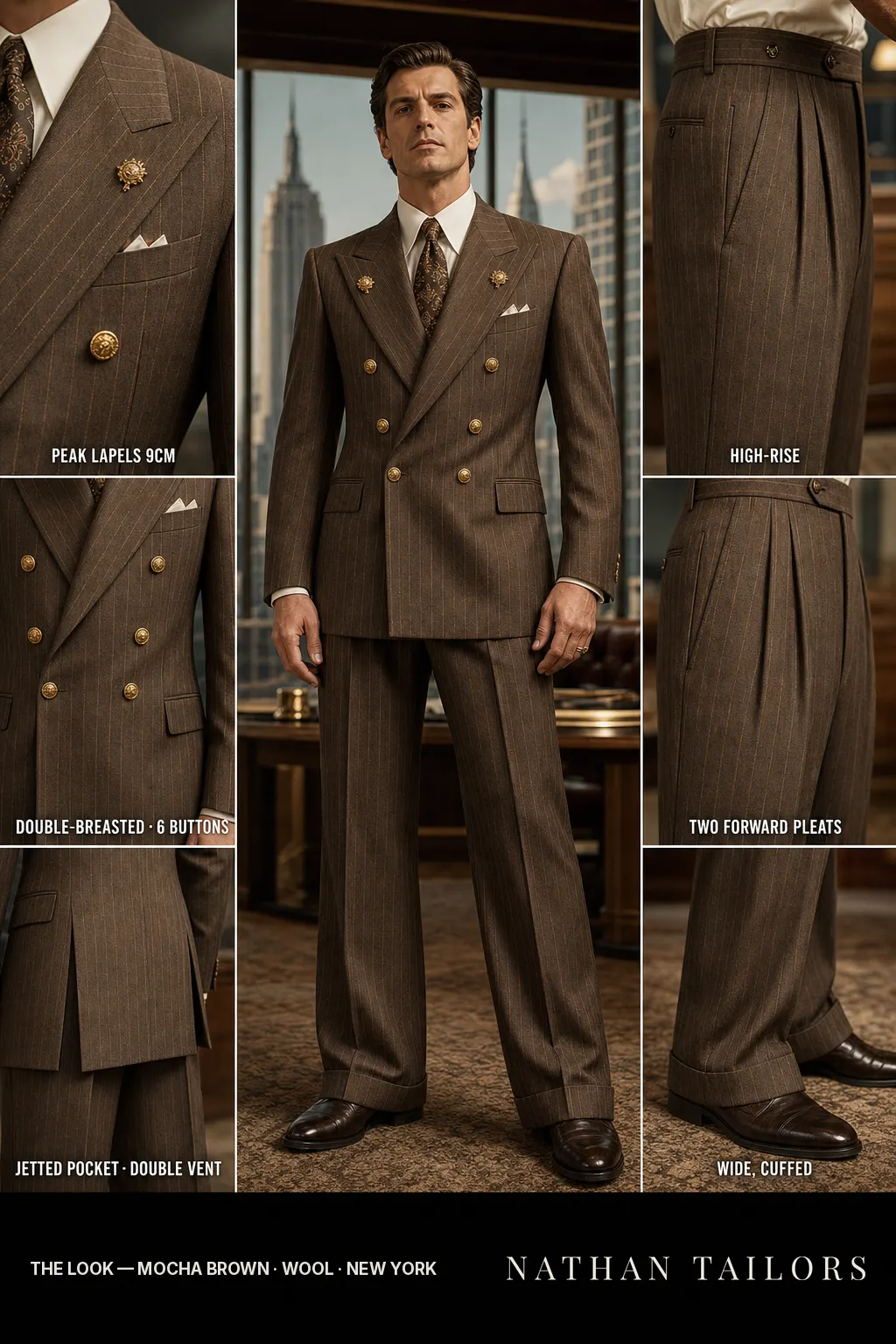 mocha brown pinstripe double-breasted peak-lapel bespoke suit — AI-rendered by Nathan Tailors, the Hoi An custom tailor. Available as a custom tailored suit from $149.