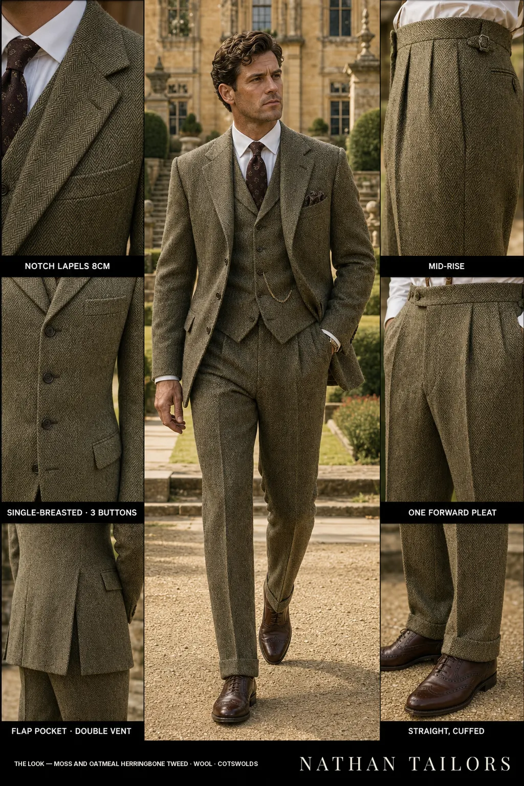 moss and oatmeal herringbone tweed herringbone single-breasted notch-lapel bespoke suit โ AI-rendered by Nathan Tailors, the Hoi An custom tailor. Available as a custom tailored suit from $149.