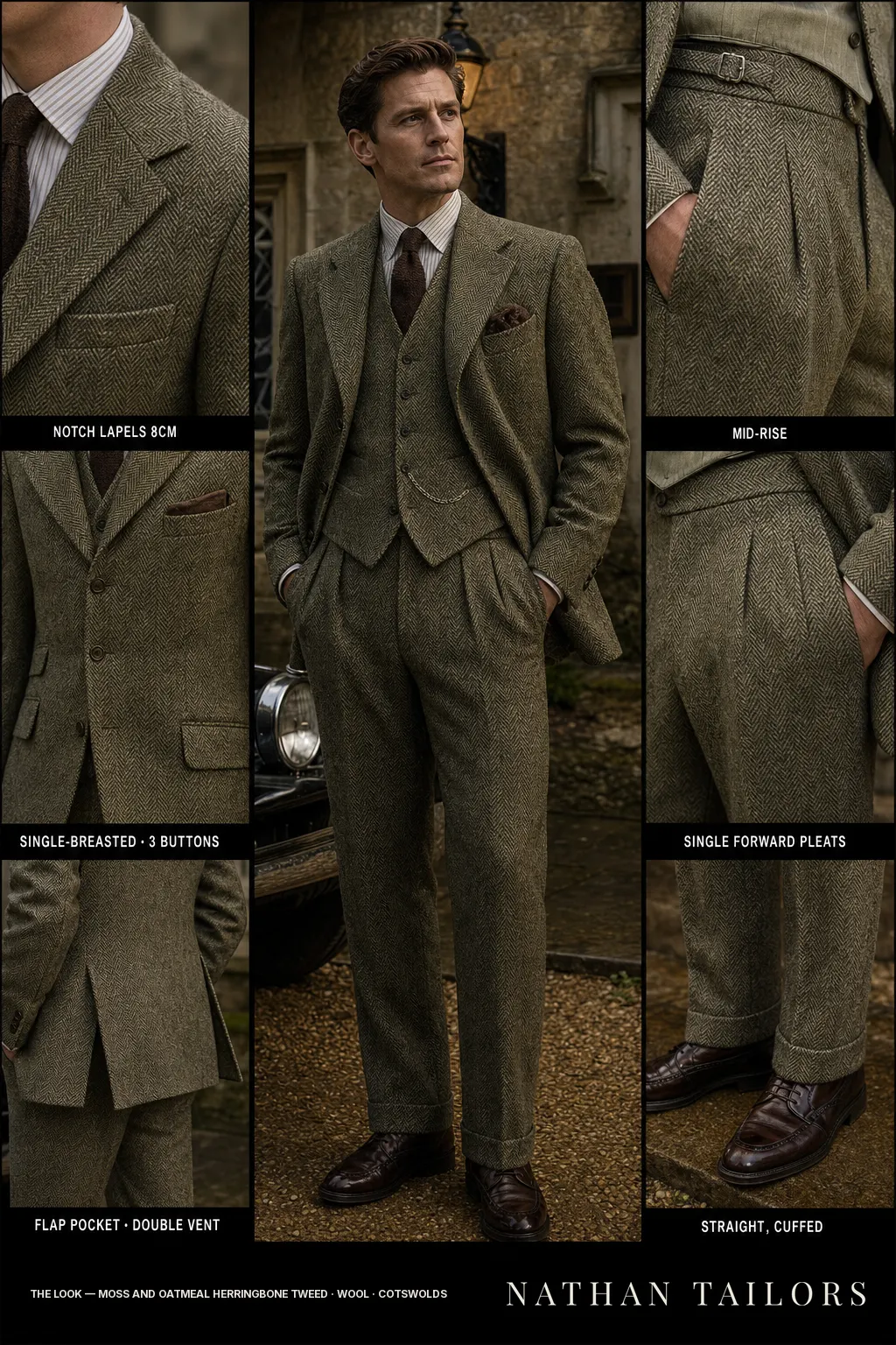 moss and oatmeal herringbone tweed herringbone single-breasted notch-lapel bespoke suit — AI-rendered by Nathan Tailors, the Hoi An custom tailor. Available as a custom tailored suit from $149.