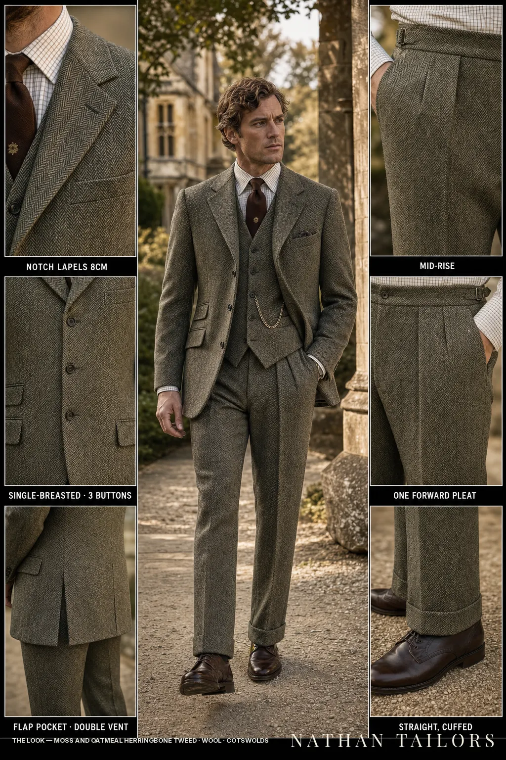moss and oatmeal herringbone tweed herringbone single-breasted notch-lapel bespoke suit — AI-rendered by Nathan Tailors, the Hoi An custom tailor. Available as a custom tailored suit from $149.