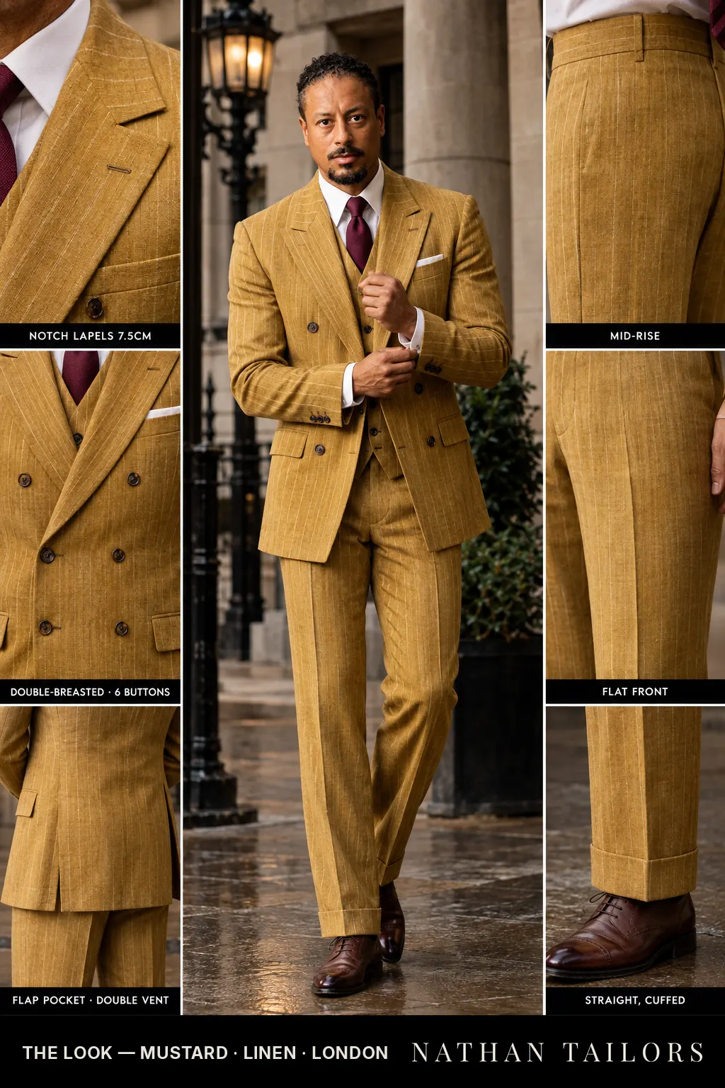 mustard chalk_stripe double-breasted bespoke suit โ custom tailored by Nathan Tailors, the Hoi An custom tailor