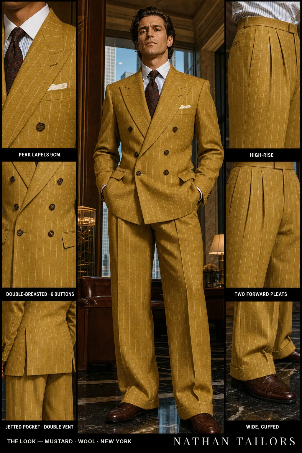 mustard chalk stripe double-breasted peak-lapel bespoke suit — AI-rendered by Nathan Tailors, the Hoi An custom tailor. Available as a custom tailored suit from $149.