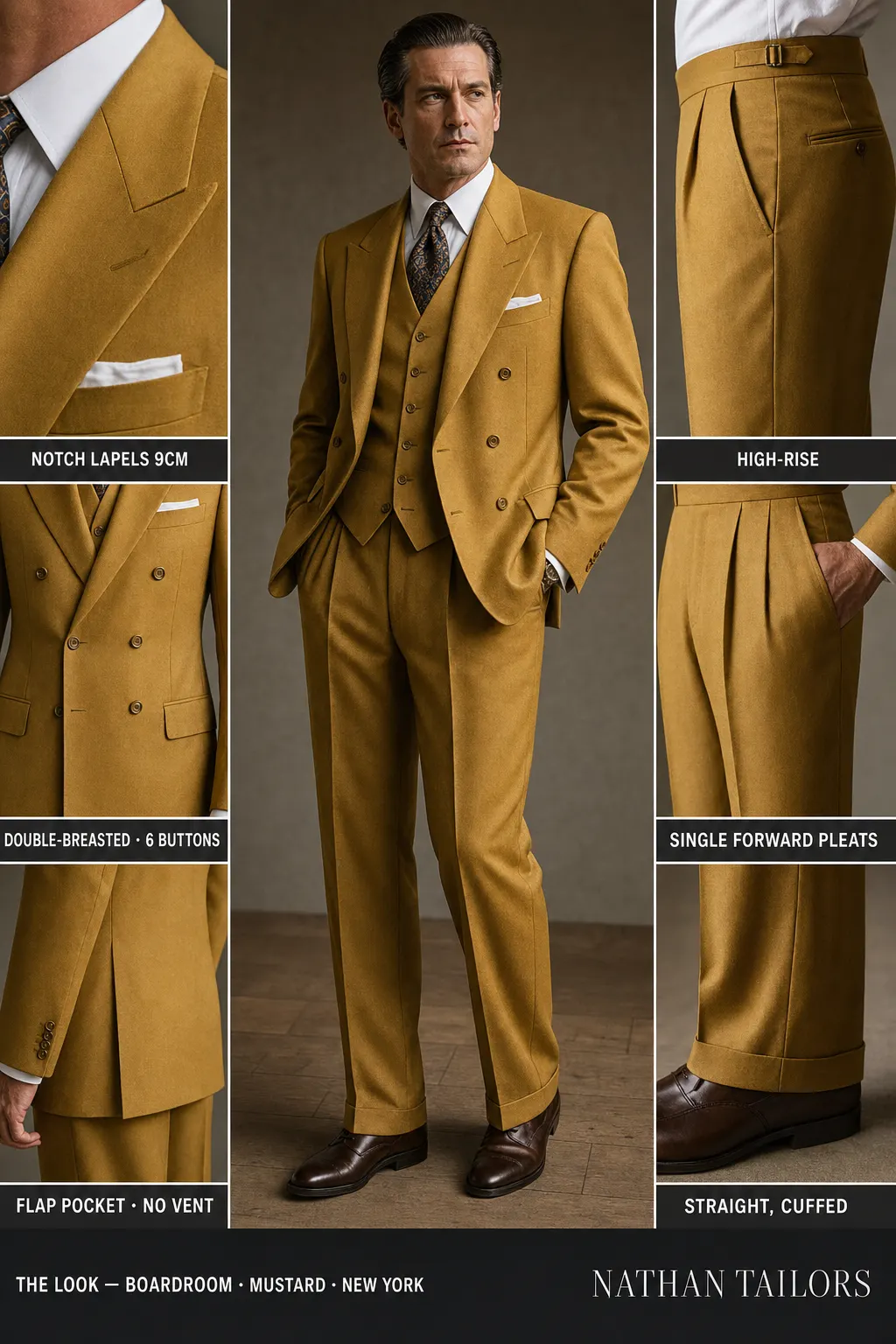 mustard double-breasted notch-lapel bespoke suit โ AI-rendered by Nathan Tailors, the Hoi An custom tailor. Available as a custom tailored suit from $149.