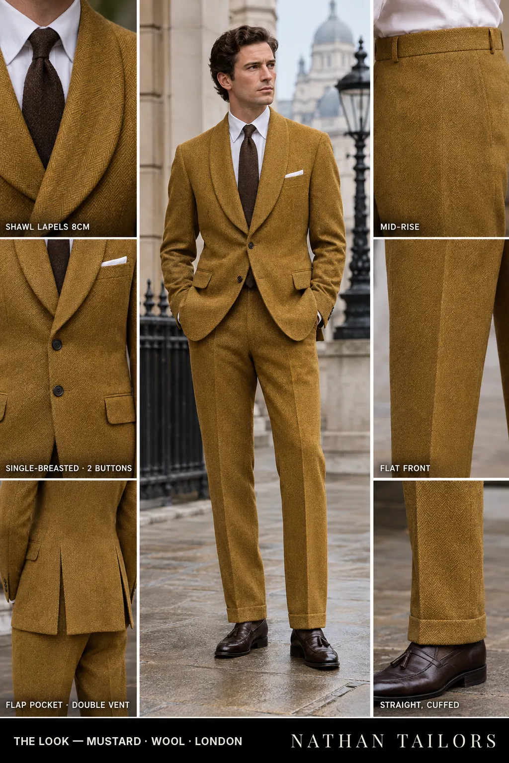 mustard herringbone single-breasted bespoke suit โ custom tailored by Nathan Tailors, the Hoi An custom tailor