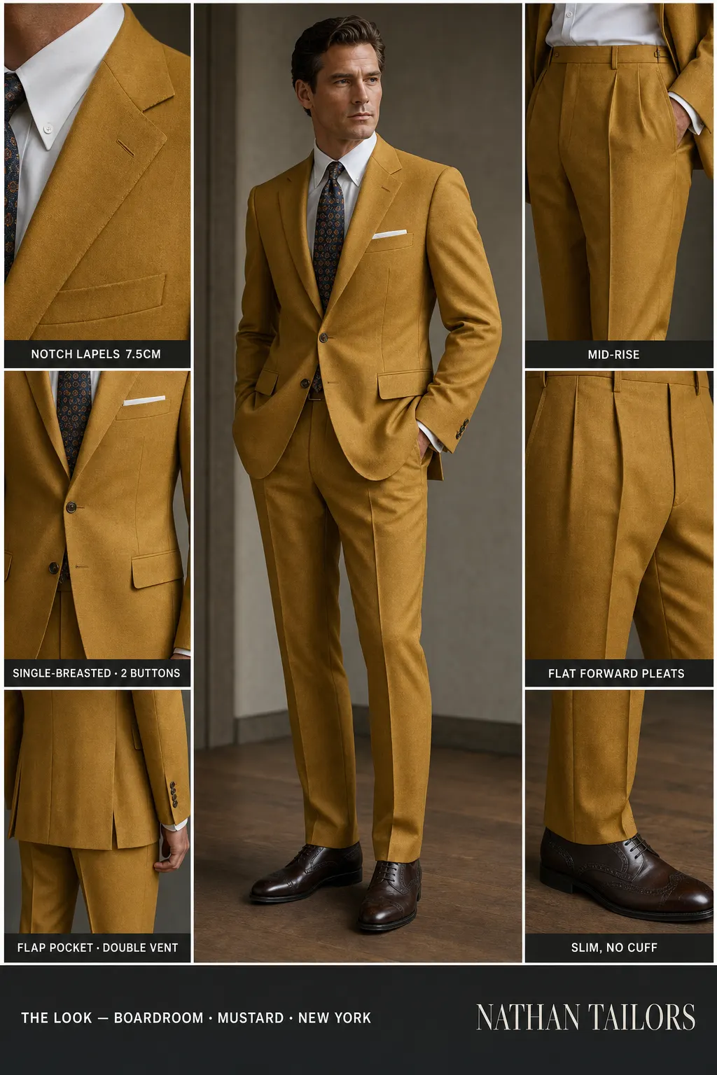 mustard single-breasted notch-lapel bespoke suit — AI-rendered by Nathan Tailors, the Hoi An custom tailor. Available as a custom tailored suit from $149.