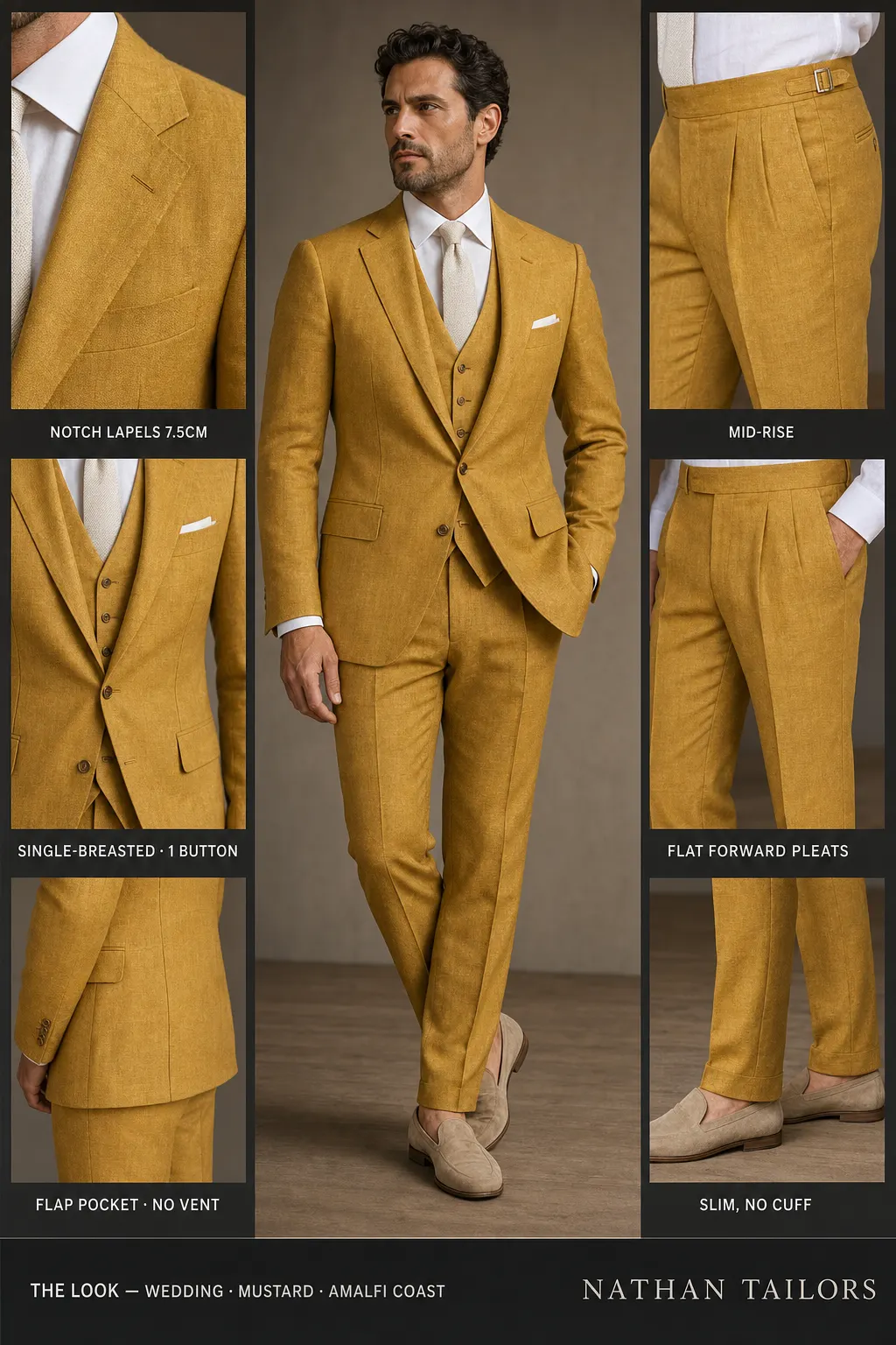 mustard single-breasted notch-lapel bespoke suit โ AI-rendered by Nathan Tailors, the Hoi An custom tailor. Available as a custom tailored suit from $149.