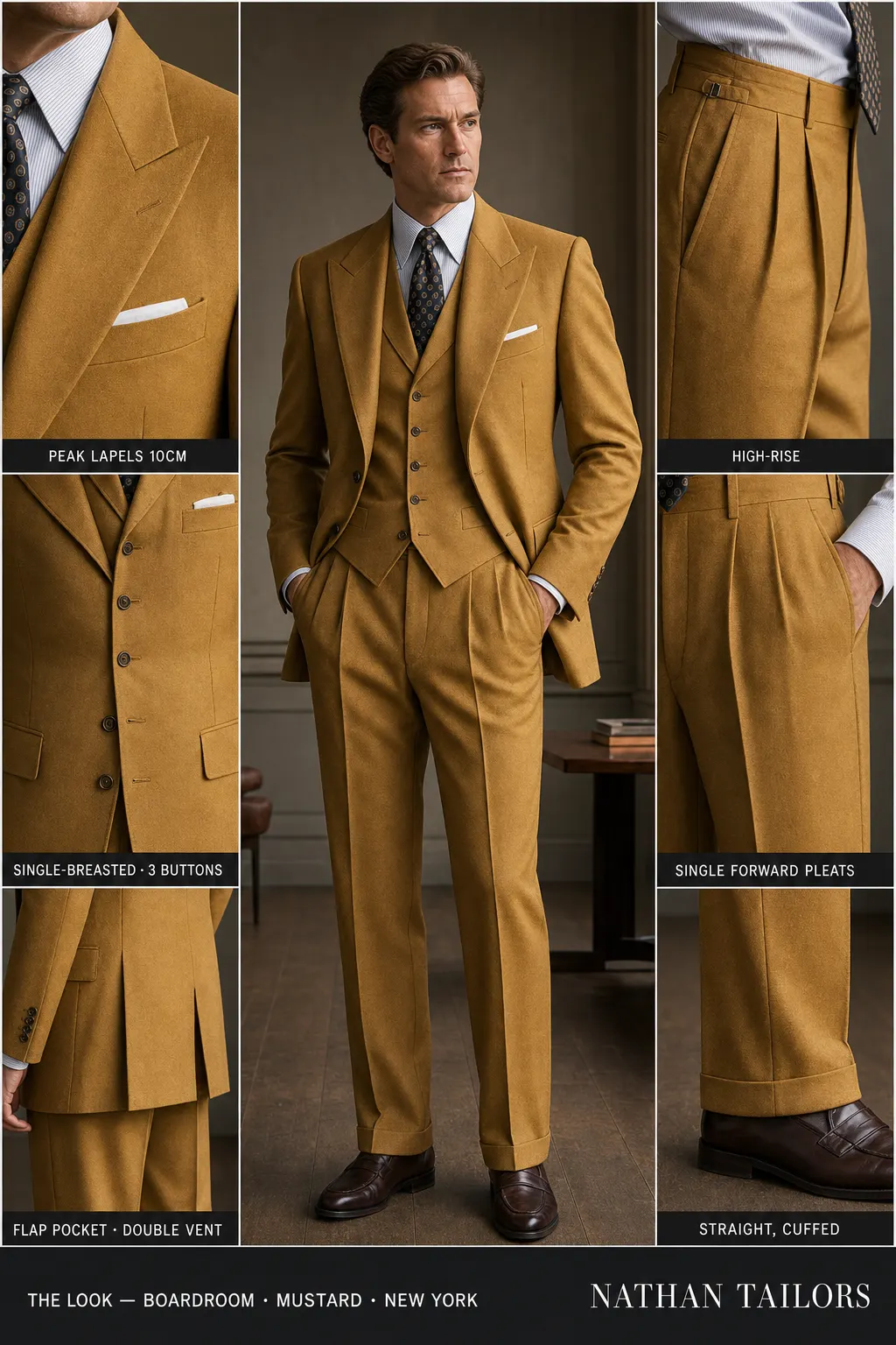 mustard single-breasted peak-lapel bespoke suit — AI-rendered by Nathan Tailors, the Hoi An custom tailor. Available as a custom tailored suit from $149.