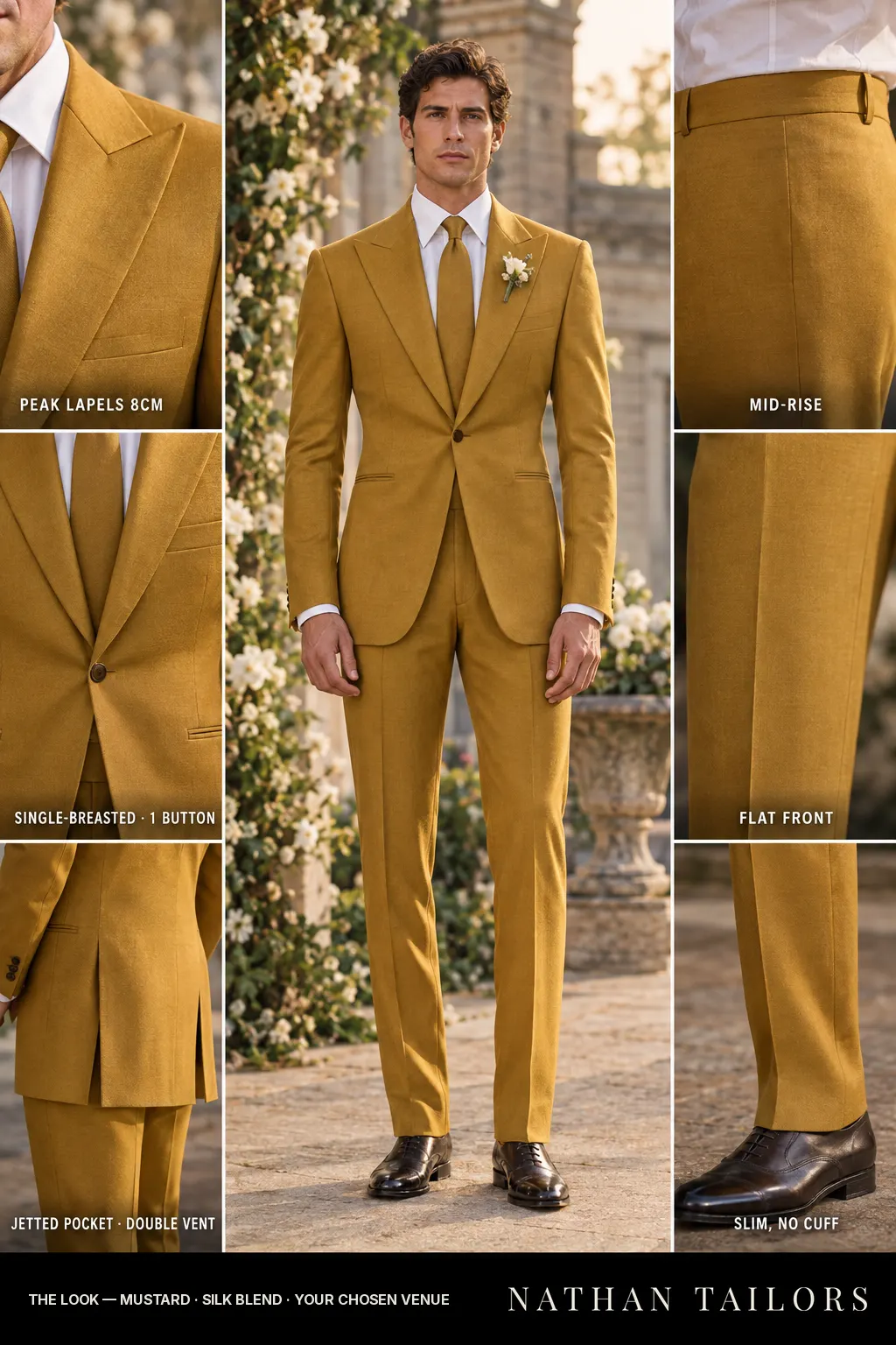 mustard single-breasted bespoke suit — custom tailored by Nathan Tailors, the Hoi An custom tailor