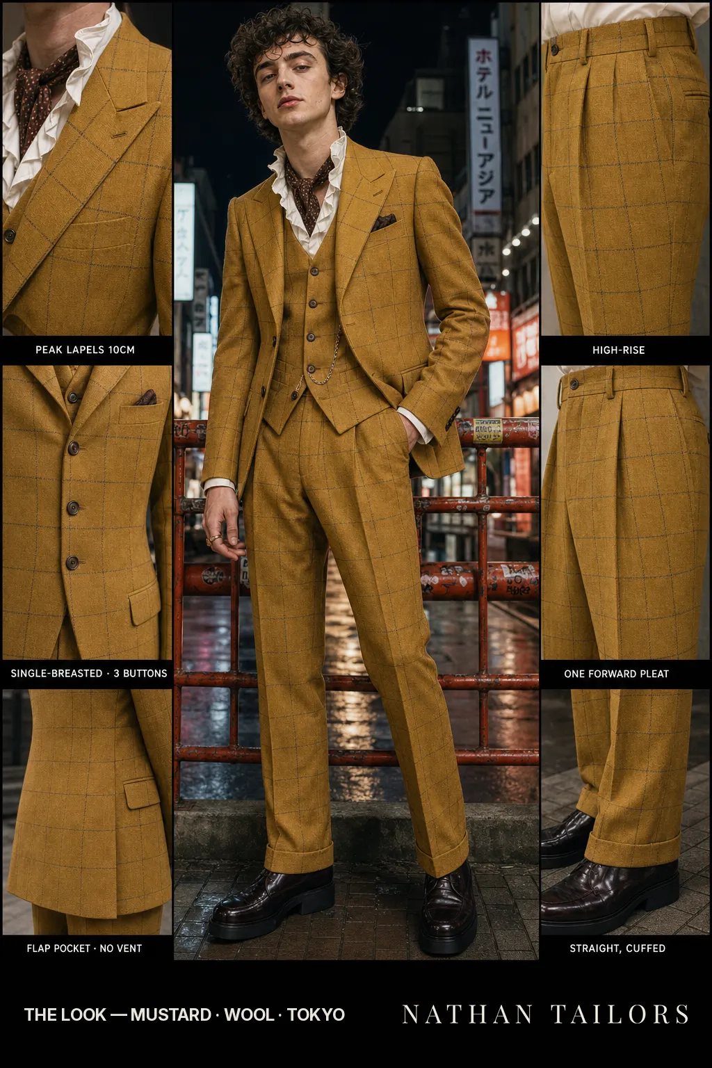 mustard windowpane single-breasted peak-lapel bespoke suit — AI-rendered by Nathan Tailors, the Hoi An custom tailor. Available as a custom tailored suit from $149.