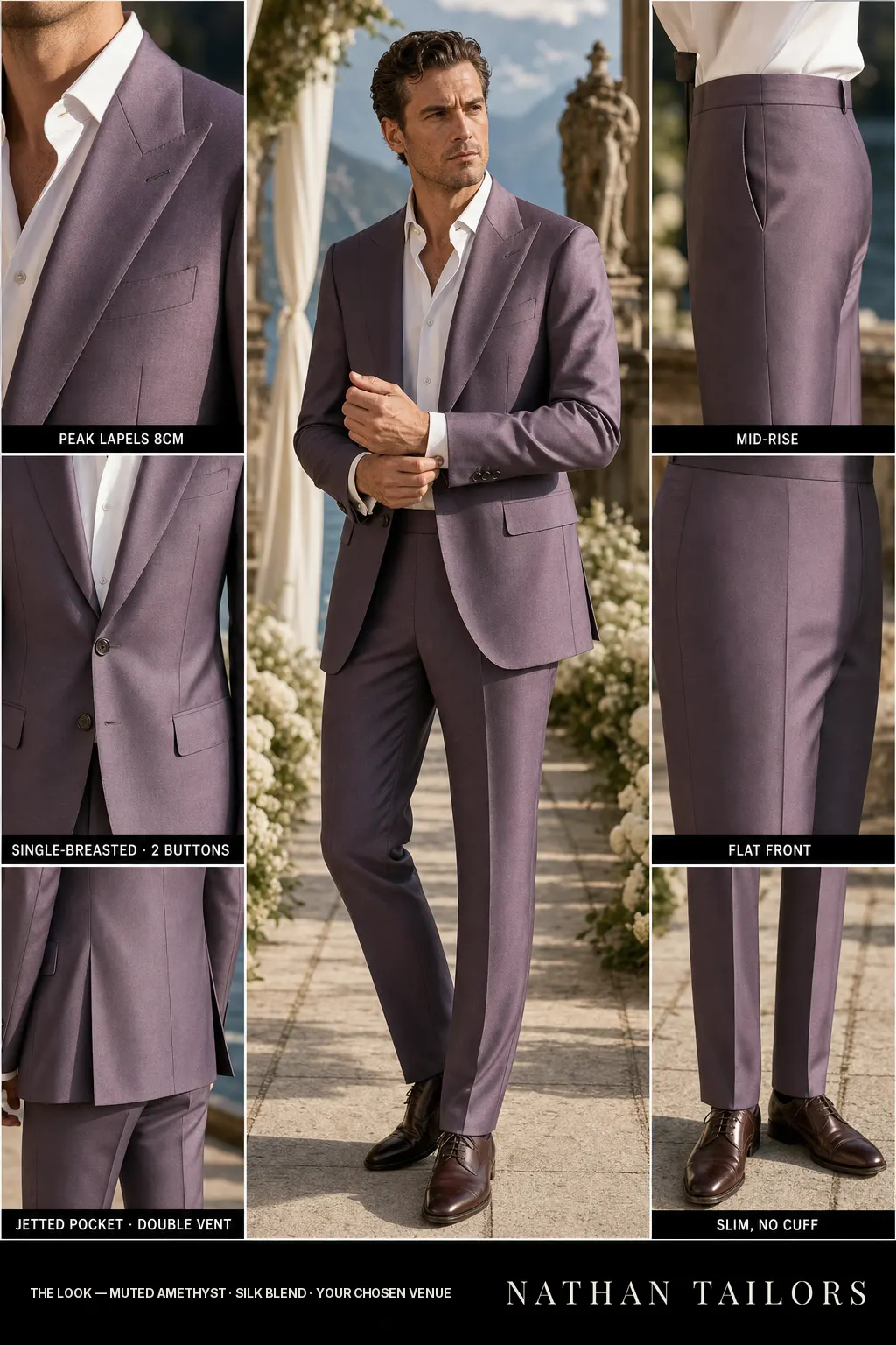 muted amethyst single-breasted peak-lapel bespoke suit — AI-rendered by Nathan Tailors, the Hoi An custom tailor. Available as a custom tailored suit from $149.