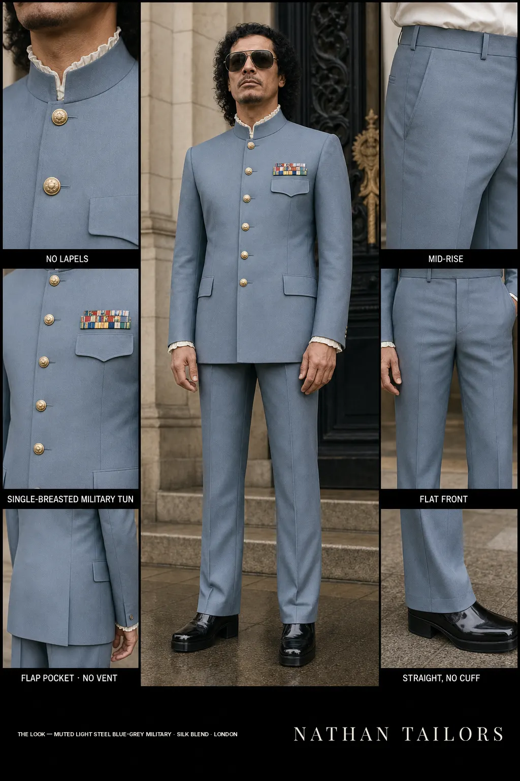Muted light steel blue-grey military single-breasted notch-lapel bespoke suit โ AI-rendered by Nathan Tailors, the Hoi An custom tailor. Available as a custom tailored suit from $149.